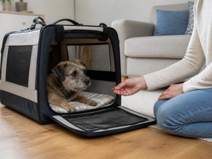 Small dog resting in a roomy open travel carrier while its owner offers a treat