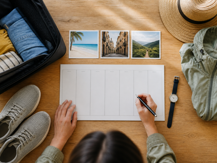 Traveler planning a seven-day spring break beside a carry-on, walking shoes, sun hat, and destination photos
